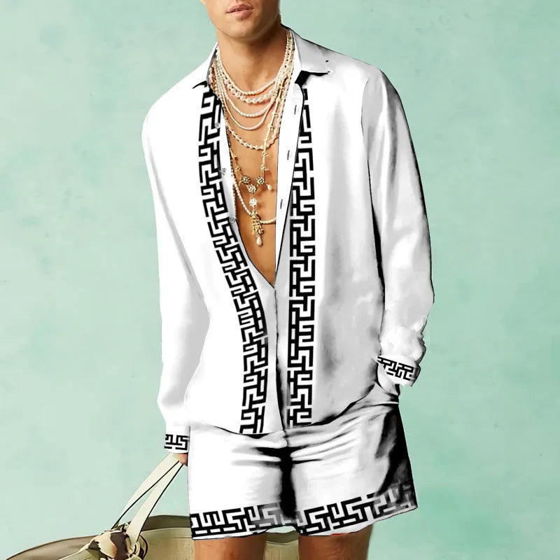 Men's slim fit polyester shirt and shorts set in colour matching pattern for summer casual wear