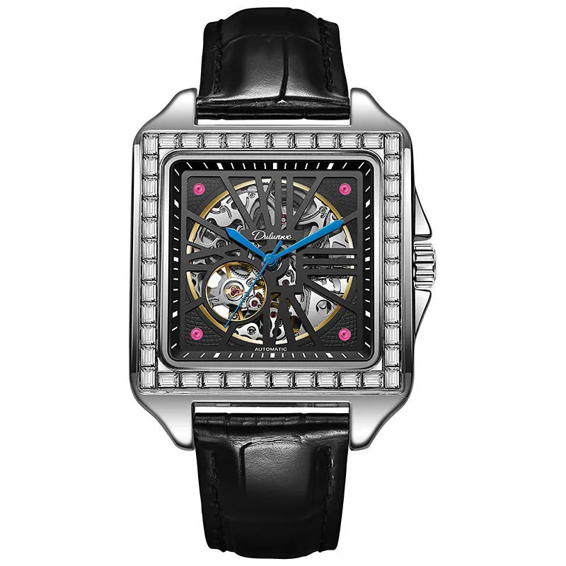 Men's square automatic watch with diamond-studded bezel on a stainless steel belt