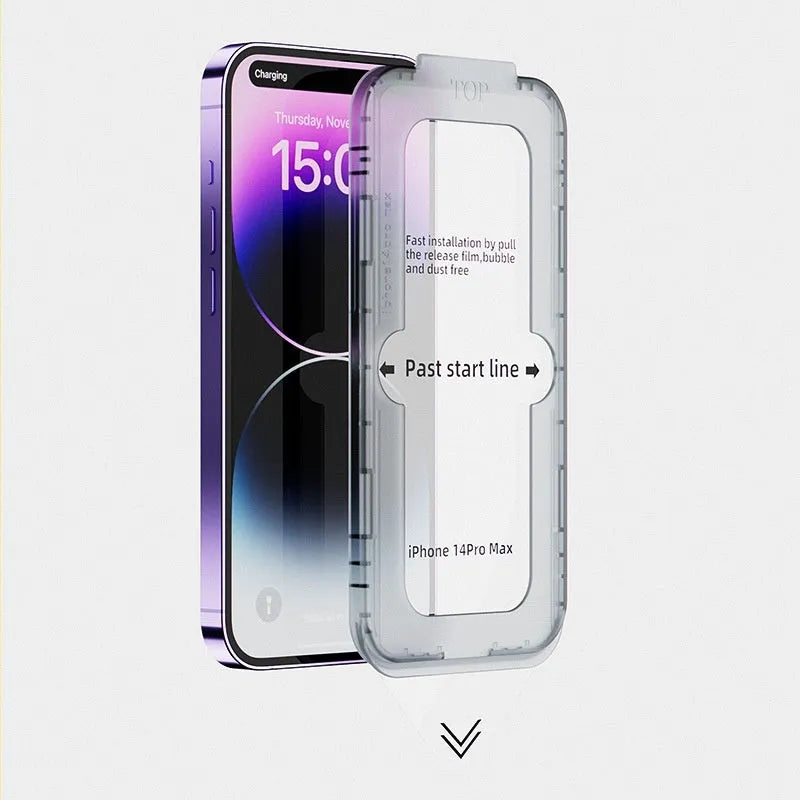Tempered glass screen protector with privacy speed sticker box for iPhone showing alignment tray and three finish options