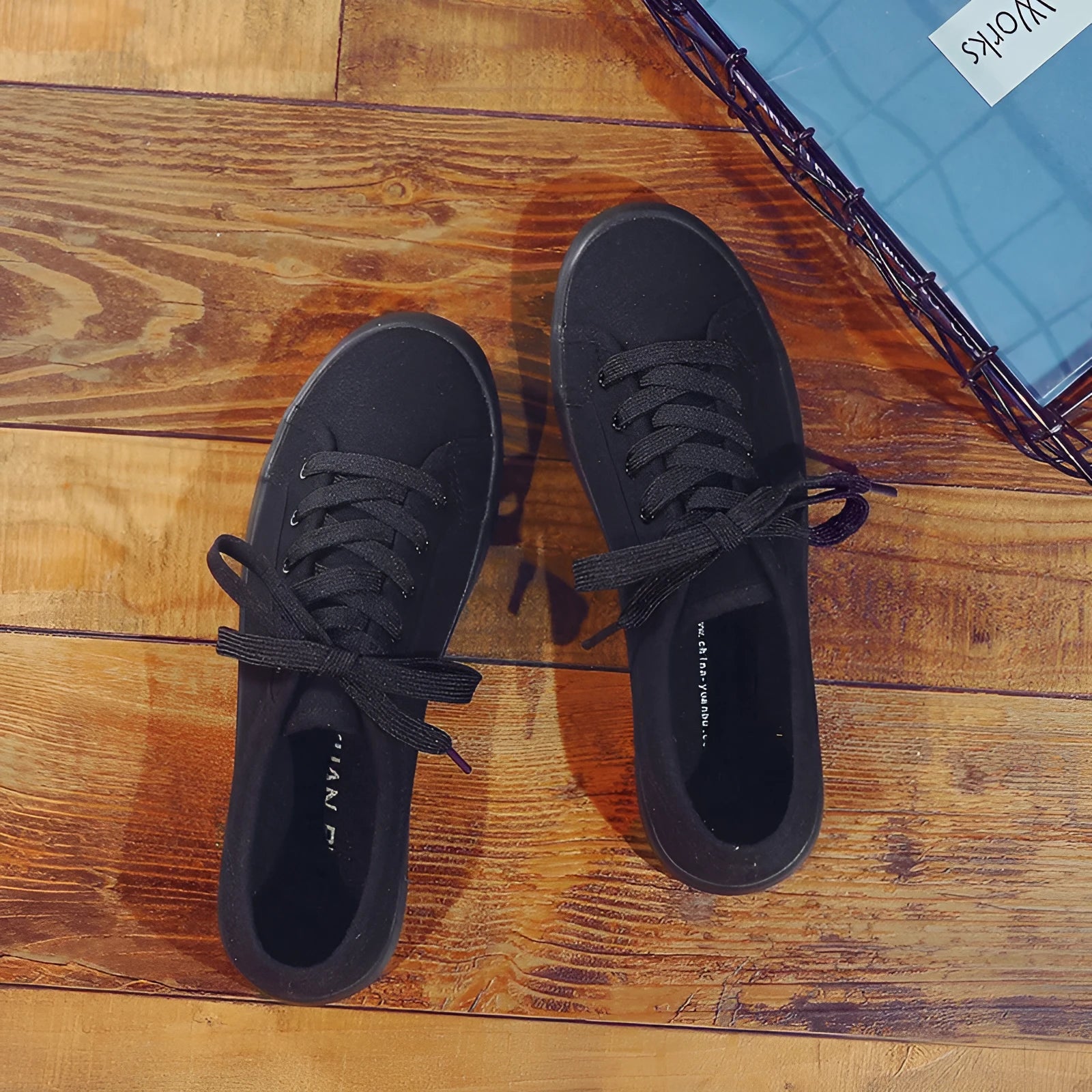 All black Korean style canvas flat work shoes for women with front lace-up and rubber sole
