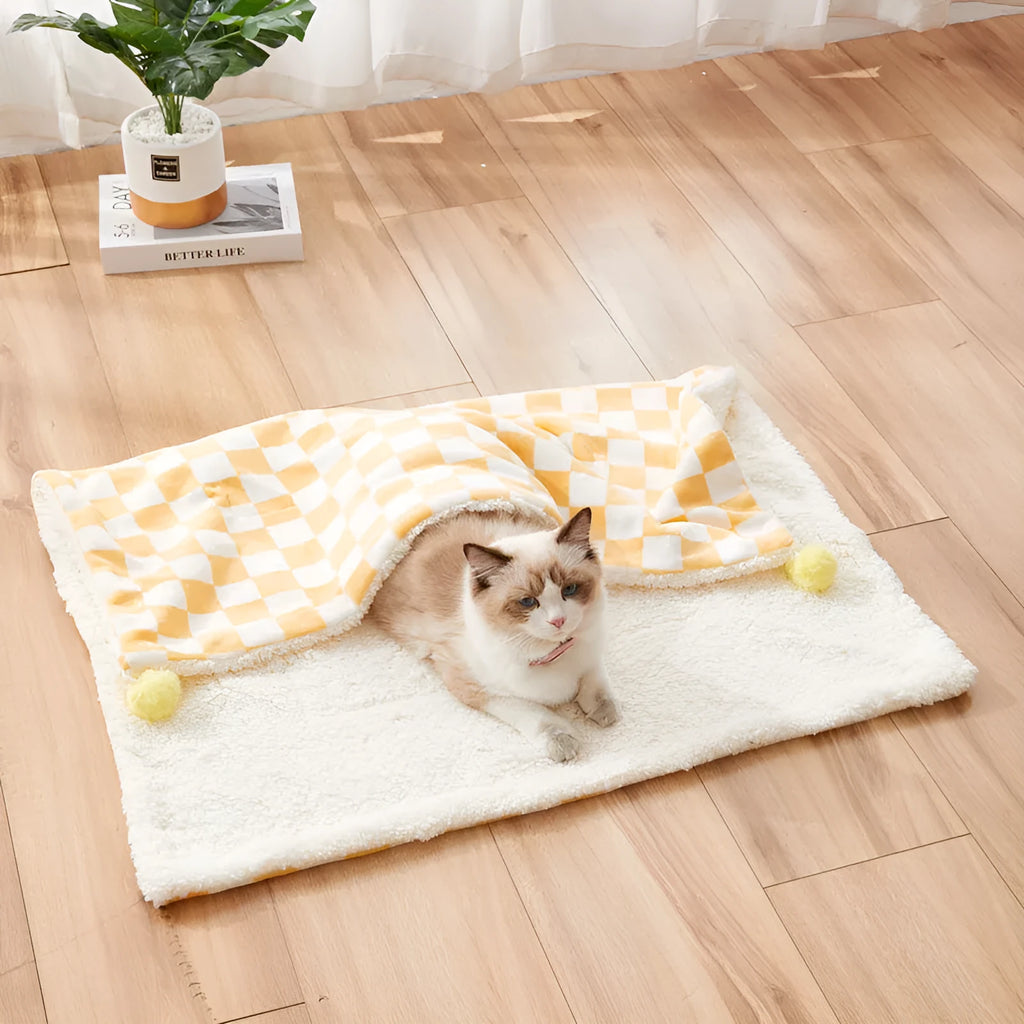 Green plaid pet fleece blanket with fur ball decoration on a sofa for a cat or dog.