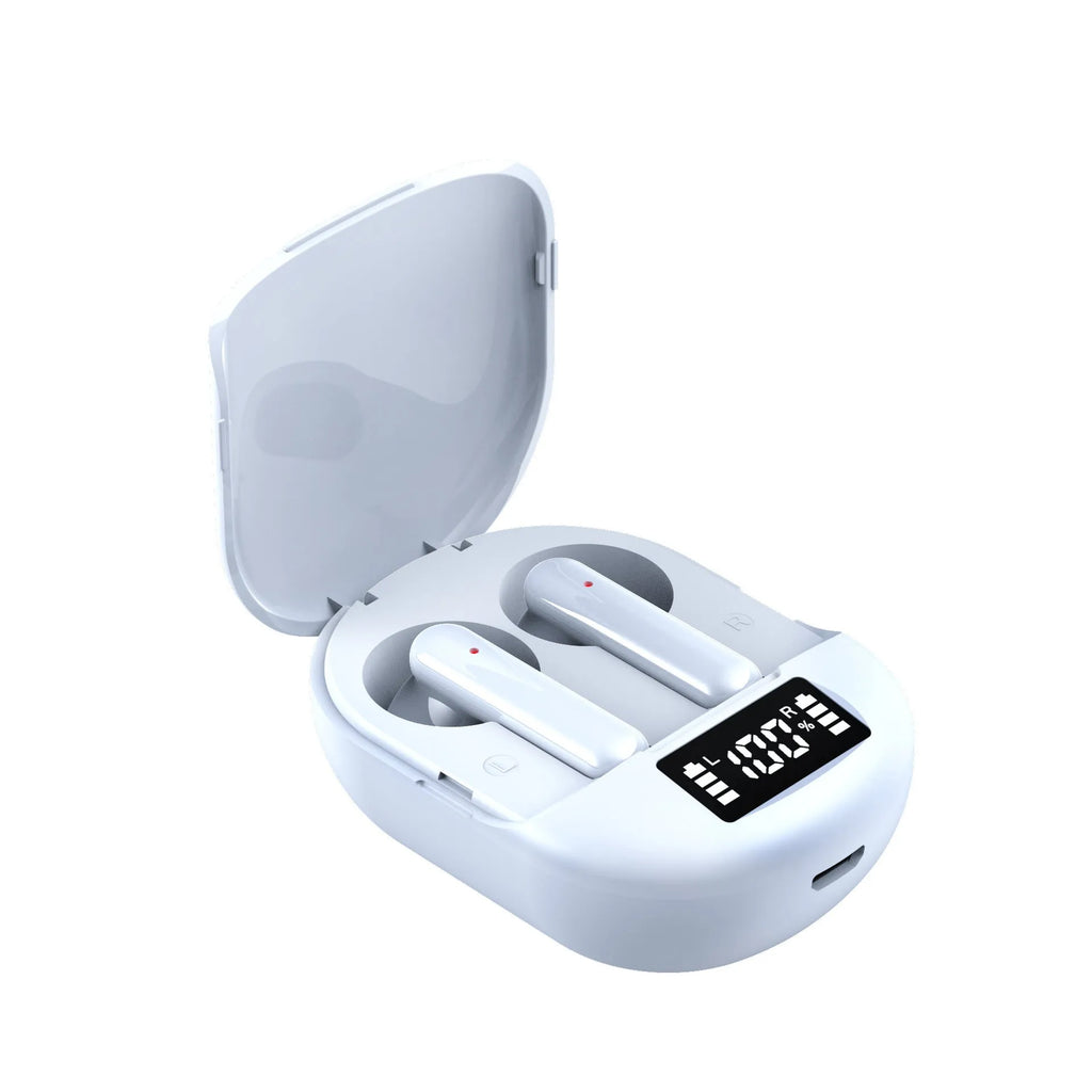 Black and white wireless Bluetooth earbuds with digital display screen showing battery status