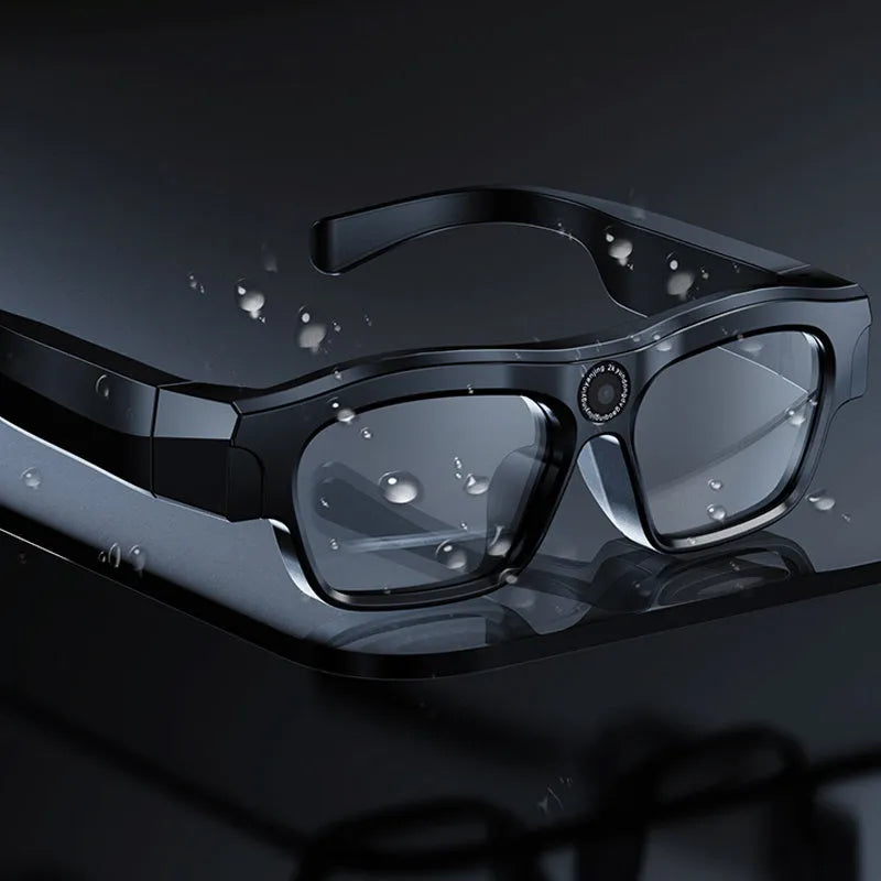 Black smart Bluetooth glasses with video camera for head-mounted recording