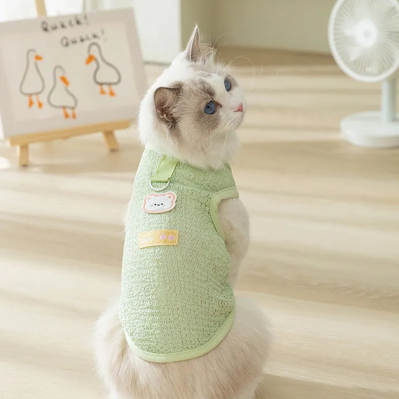 Hollowed-out cat clothes with bear patch in blue, green, yellow colours showing knitted fabric texture