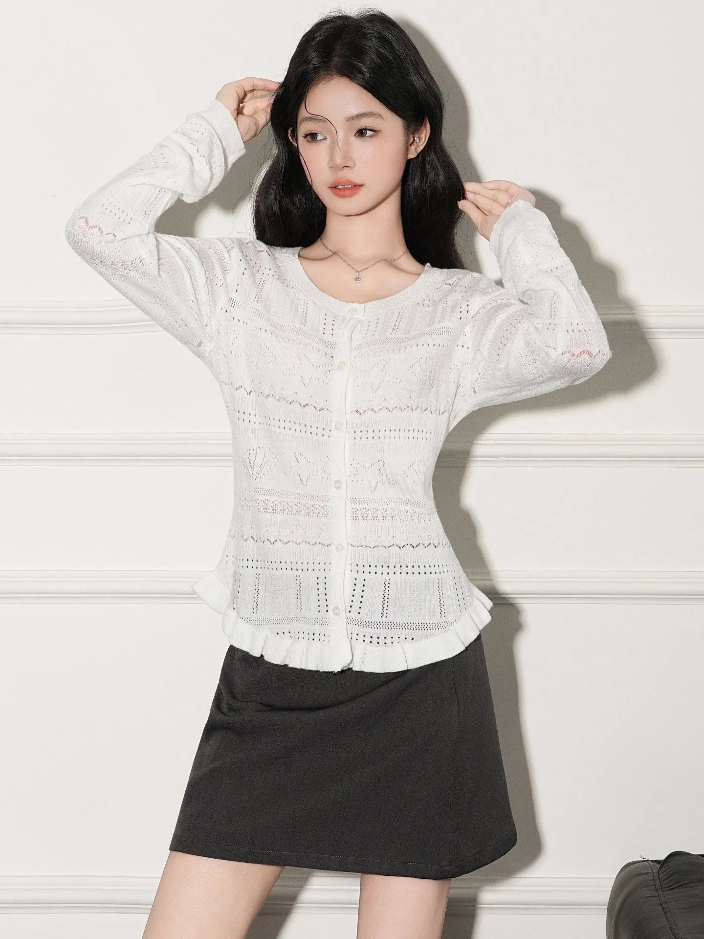 White hollow-out knit cardigan pullover slim fit women's regular length long sleeves