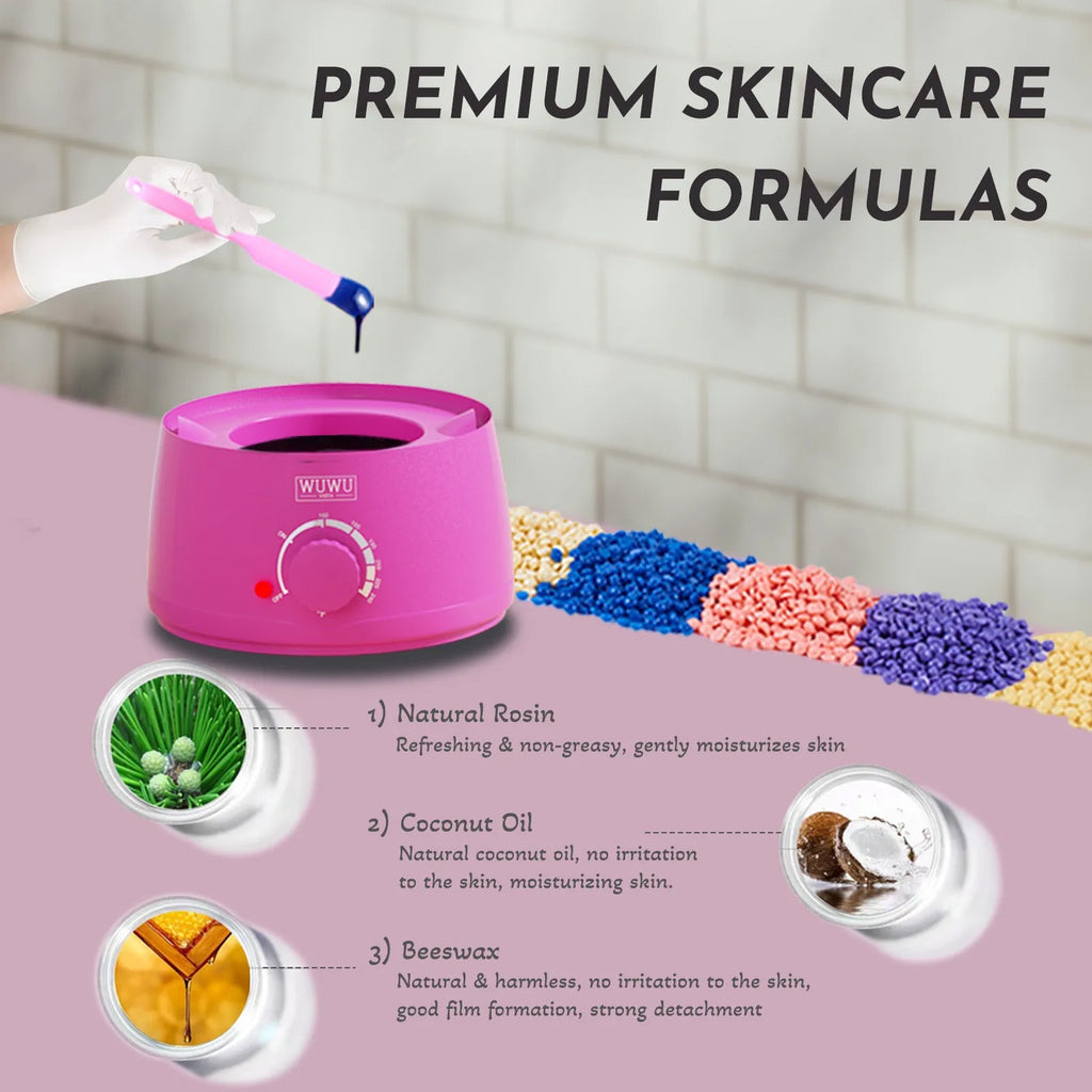 Professional waxing kit with hard wax beans, pink wax warmer, applicator sticks, lotion and ice masks.