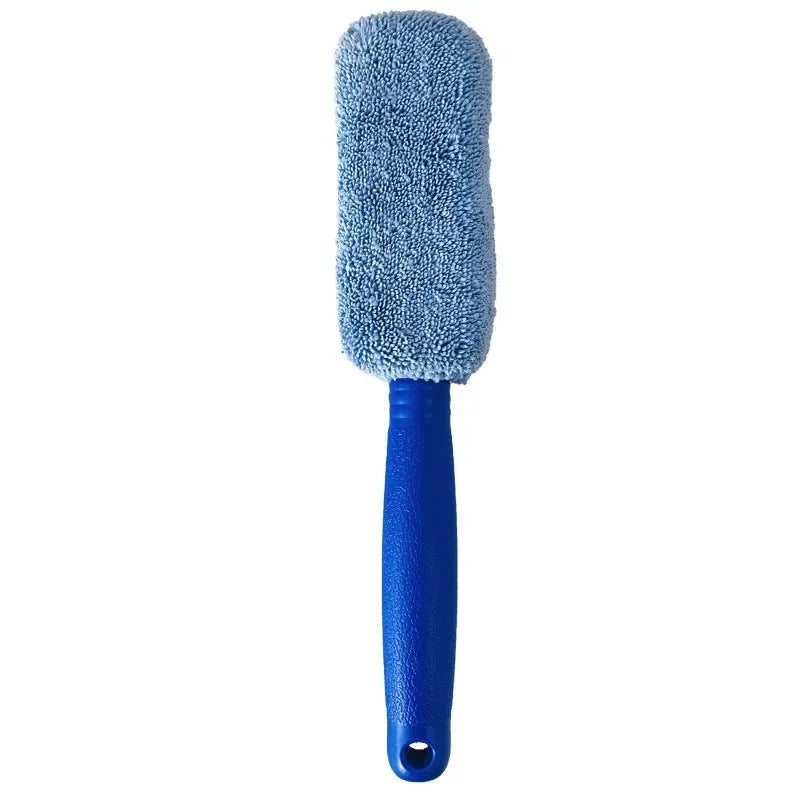 Microfiber long handle tyre brush with blue head and aluminium shaft for car wheel cleaning