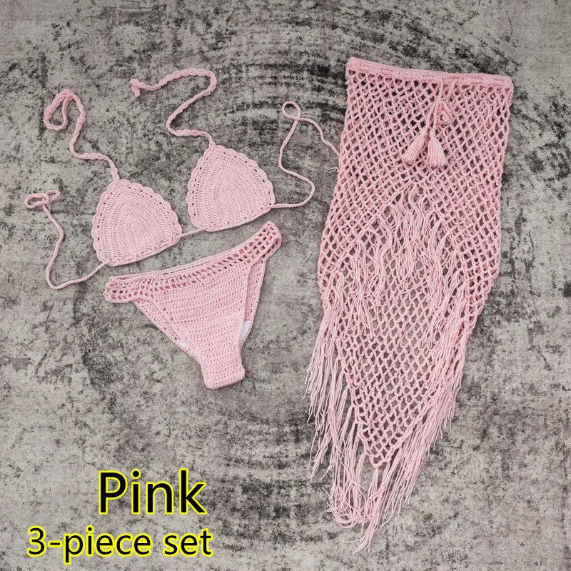 Women's three-piece bikini set with handmade crochet beach skirt in acrylic fabric