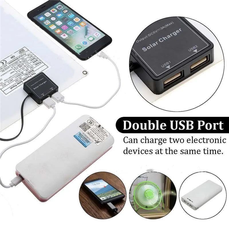 Portable solar panel with dual USB ports for outdoor device charging.