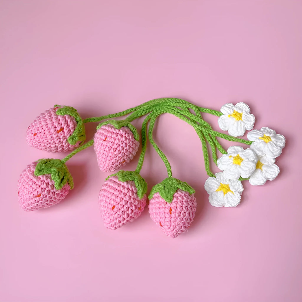 Wool crochet woven strawberry pendant necklace on 35cm cord