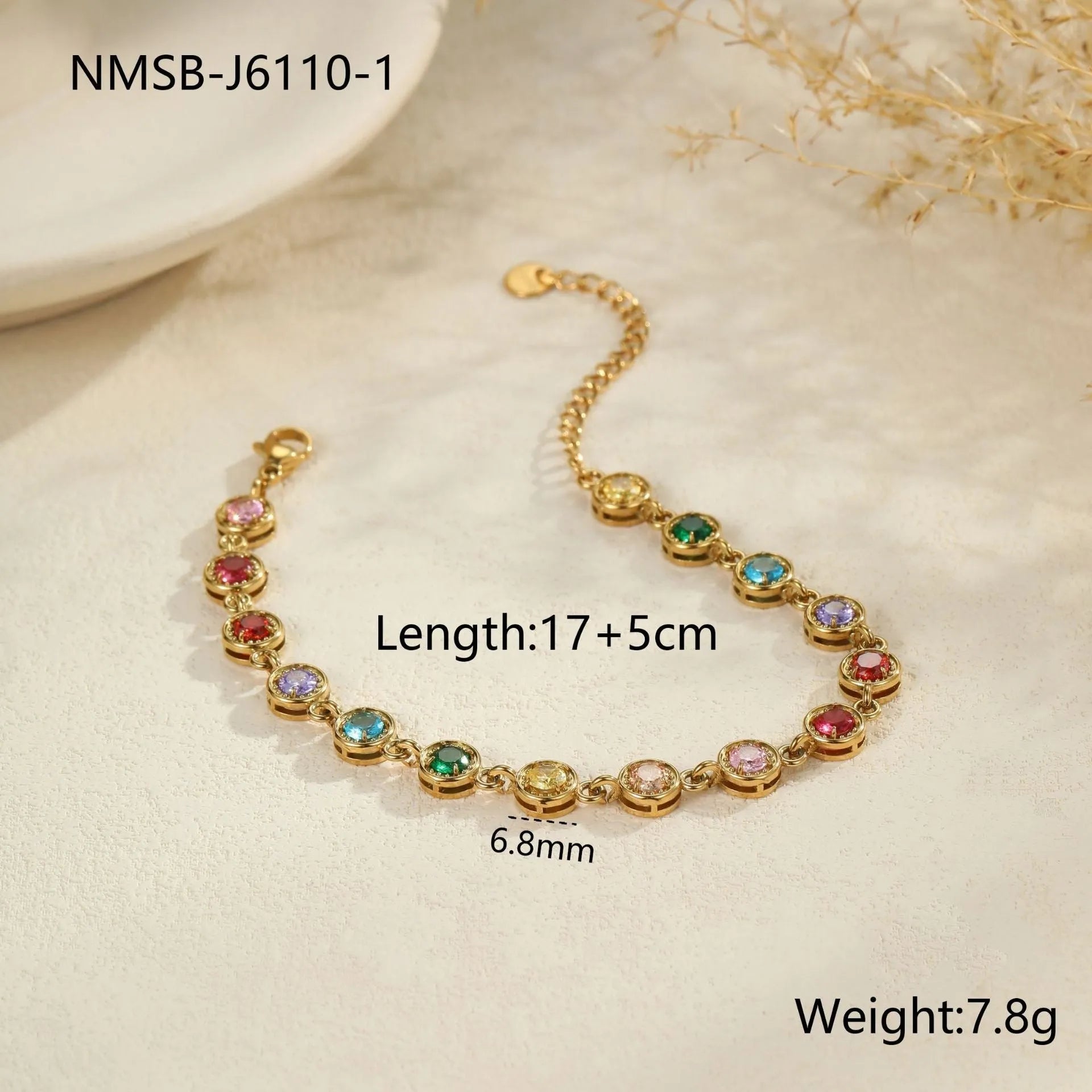 Women's stainless steel bracelet with 18K gold electroplating in heart, circle, and square shapes.