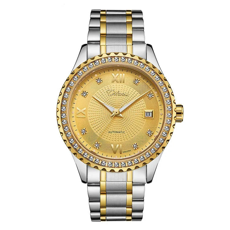Men's gold or silver automatic mechanical watch with luminous hands, waterproof design, and black or white dial.
