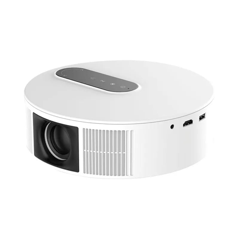 White HD 720p home projector with remote control on table