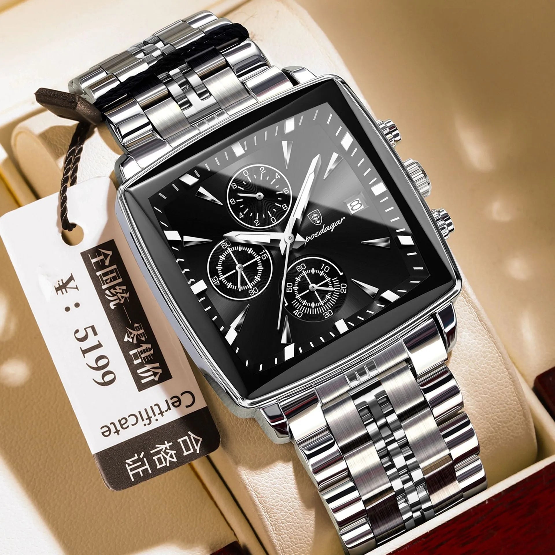Men's square business watch with stainless steel strap and mineral glass on wrist