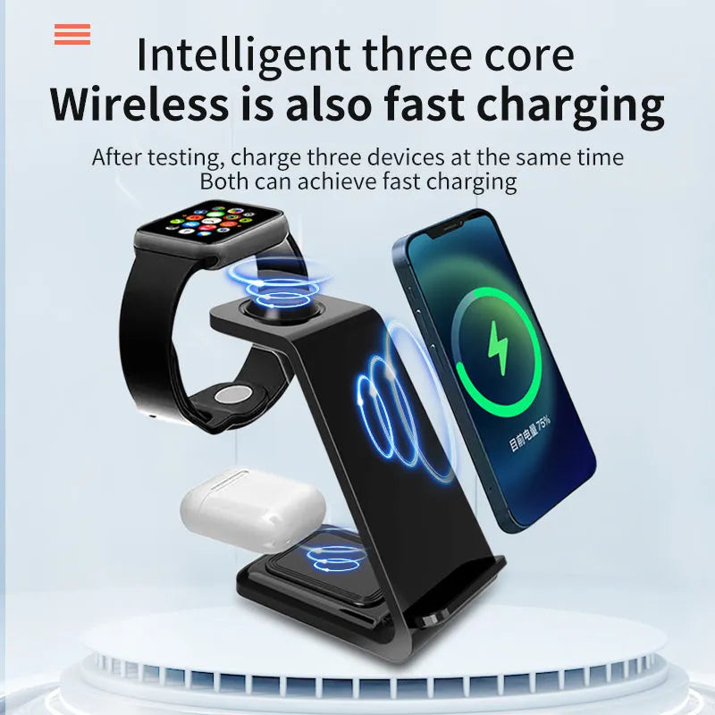 White 3-in-1 wireless charger phone stand with upright design and dual coil charging surface