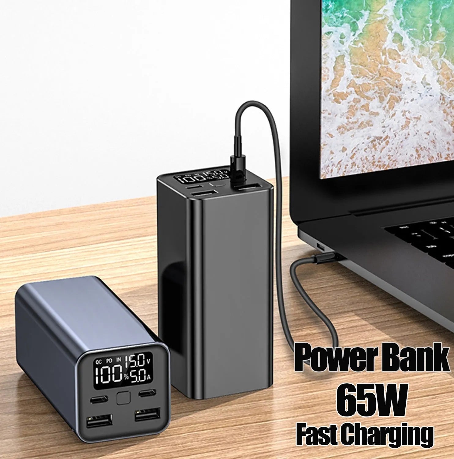 Black high power laptop charging bank with metal case showing size and USB-C port.