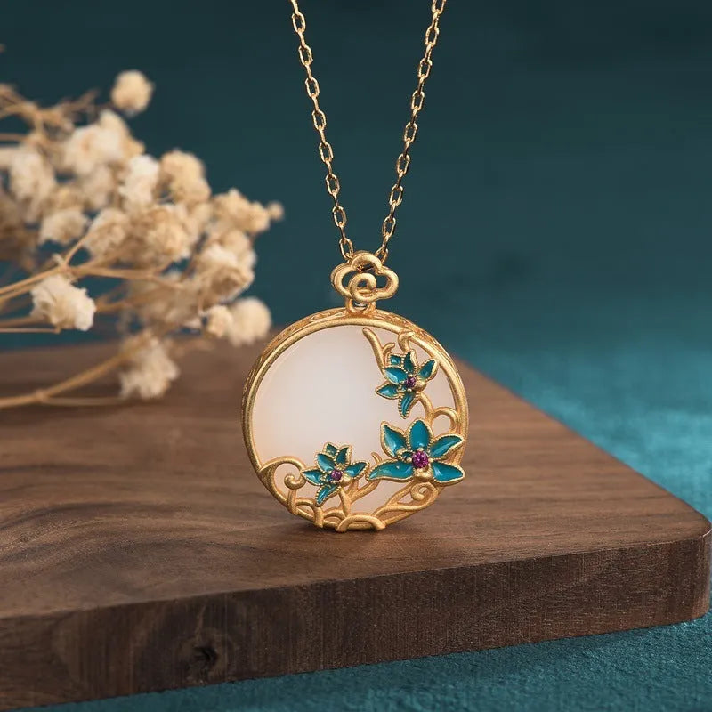 24k gold-plated Hetian jade peace buckle necklace with O-ring chain on collarbone