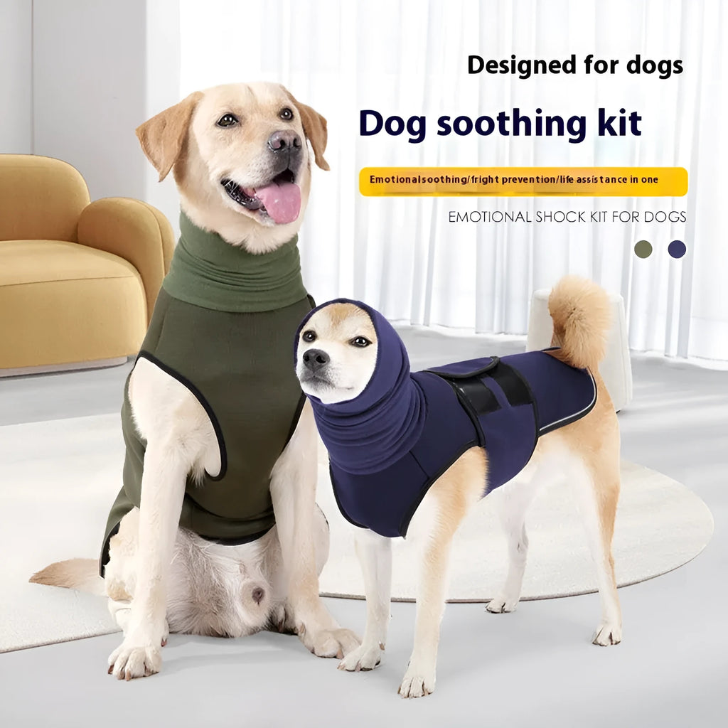 Army green dog anti-anxiety jacket on a medium-sized dog, showing a close-fitting, calming pet clothing design.