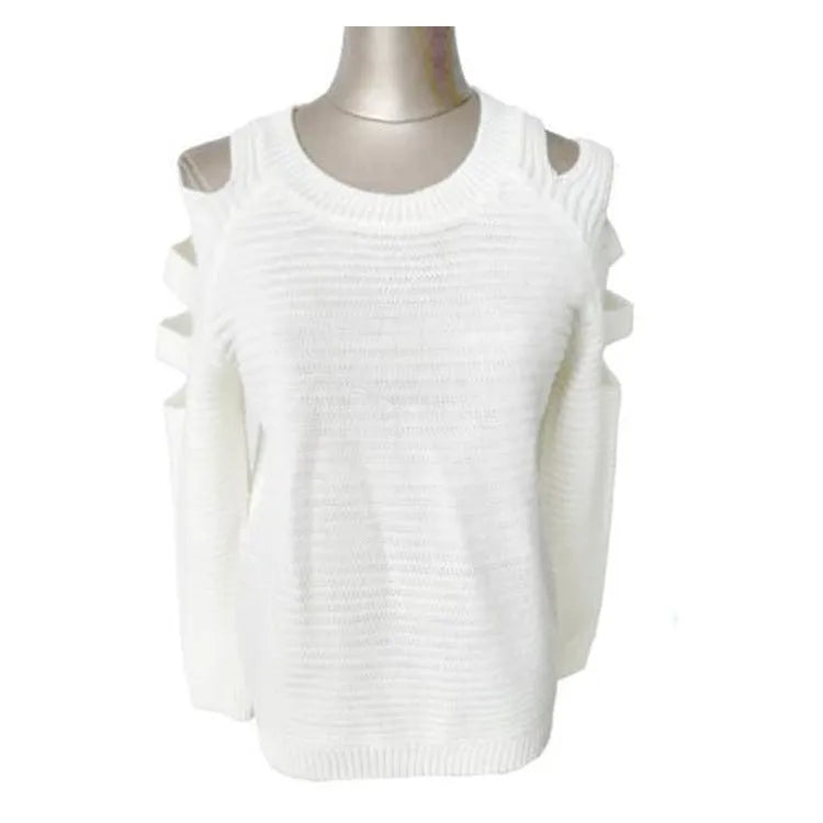 Women's grey knitted pullover shirt with crocheted hollow-out patterns on the sleeves and body.