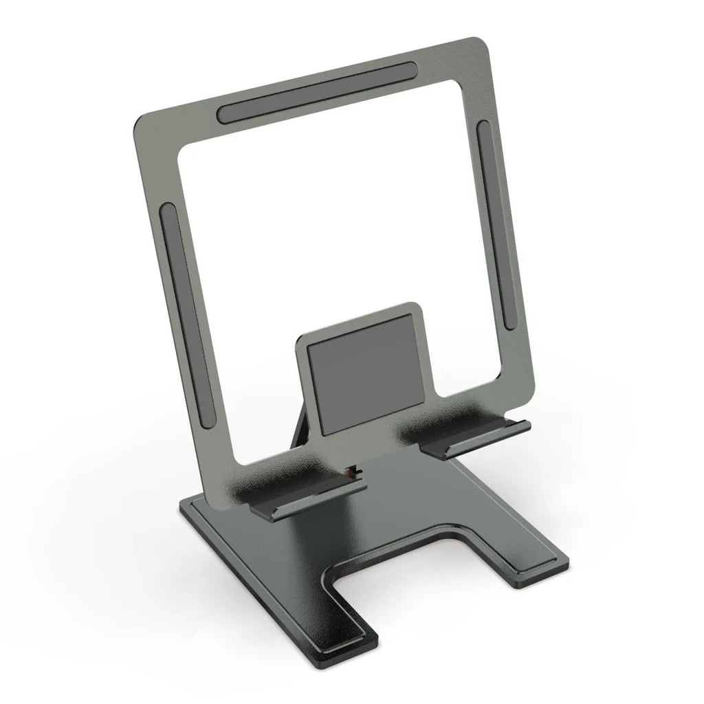 Flat desktop foldable rotating metal bracket for notebook in black alloy finish on desk