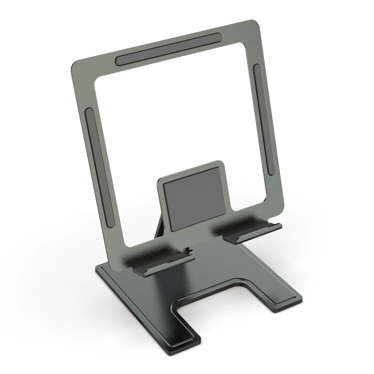 Flat desktop foldable rotating metal bracket for notebook in black alloy finish on desk