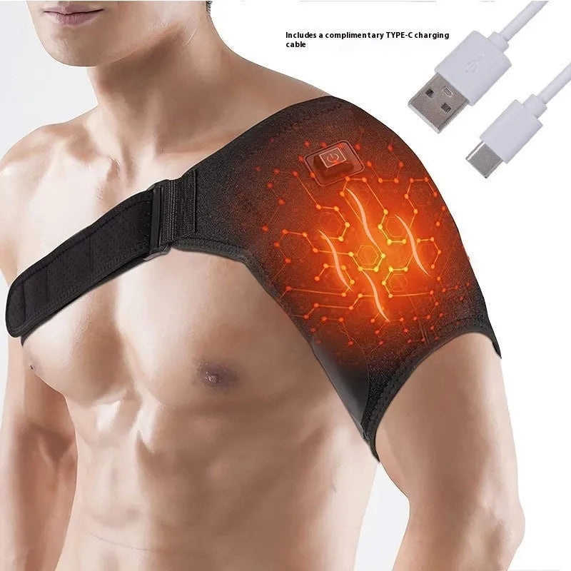 A grey USB electric heating shoulder pad shown laid flat, with a USB cable attached.