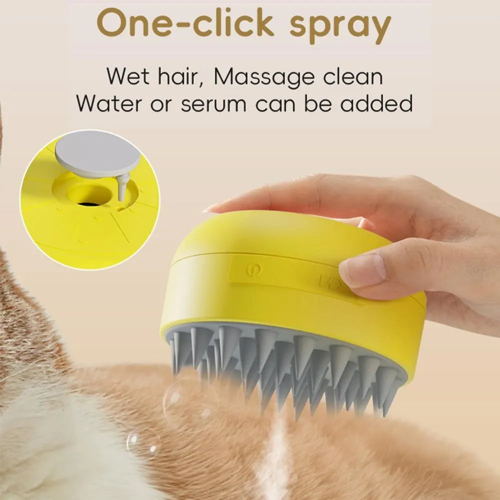 Green and yellow rechargeable cat dog steam brush with silicone bristles for pet grooming