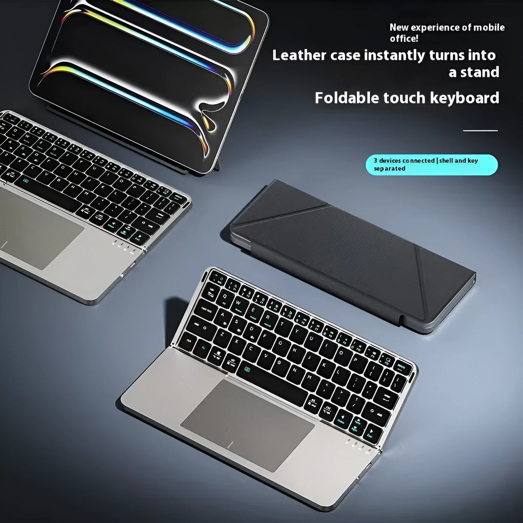 Grey aluminium Bluetooth folding keyboard for mobile phones and tablets, shown in open and closed positions.