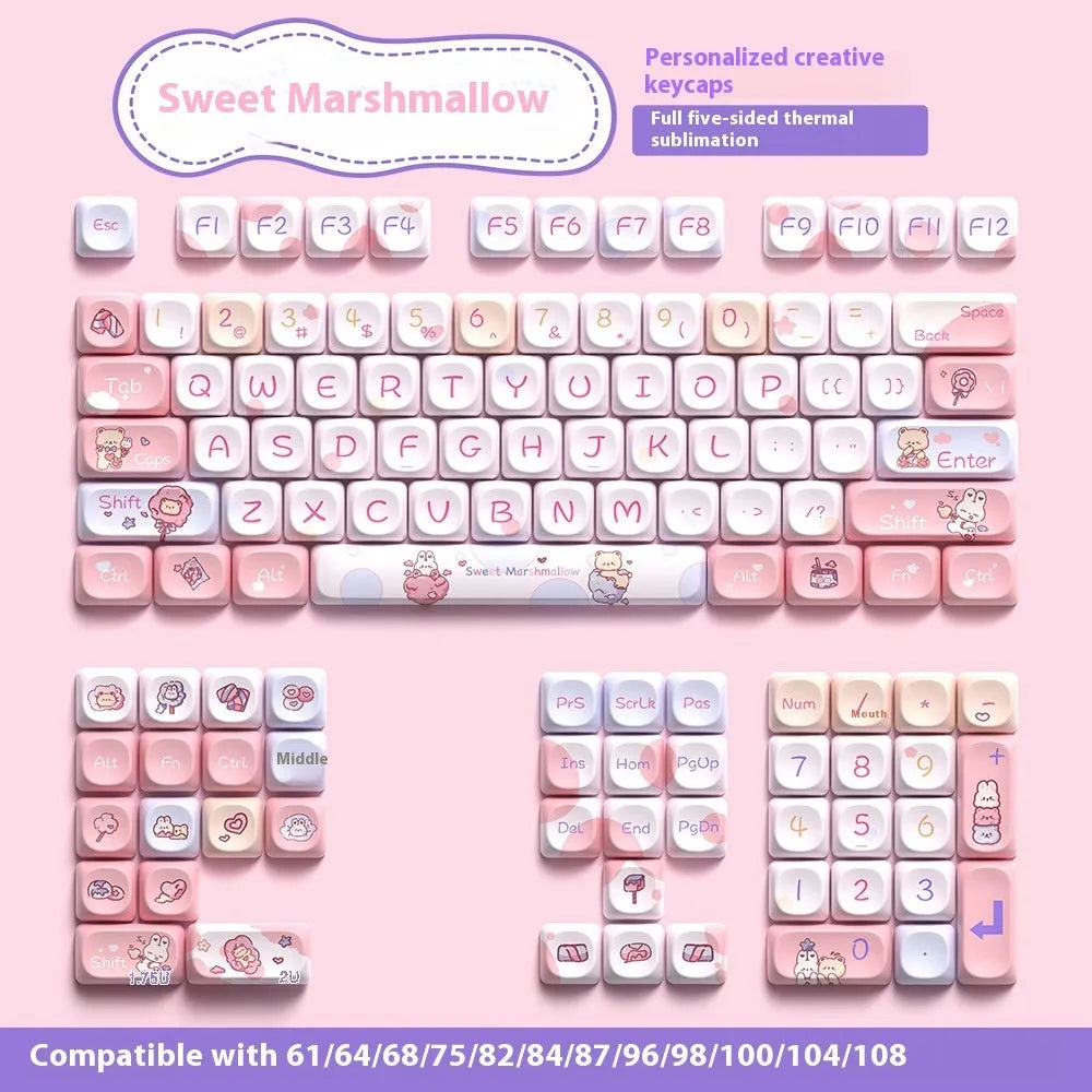 Sweet cotton candy coloured mechanical keyboard keycaps arranged in complete 112-key and 120-key sets