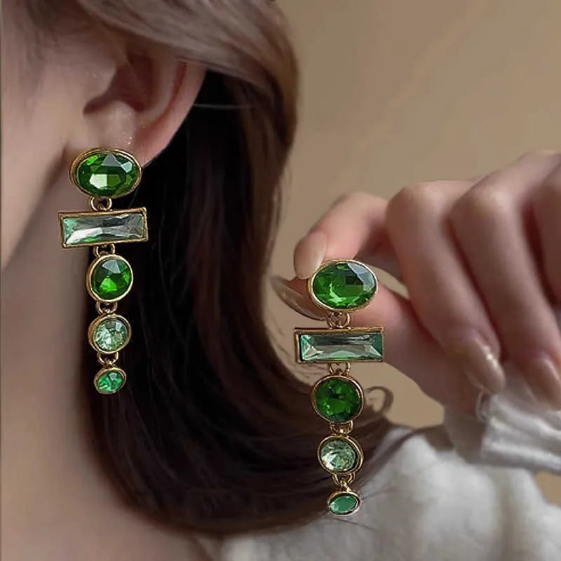 Green gradient geometric Chinese style earrings with tassel design and zircon decoration