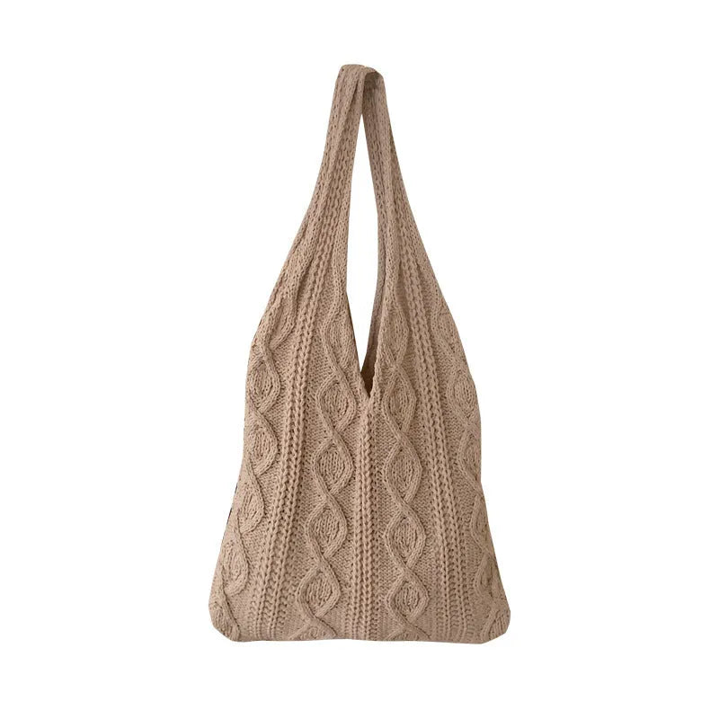 Retro crochet wool shoulder bag with double straps in solid colour
