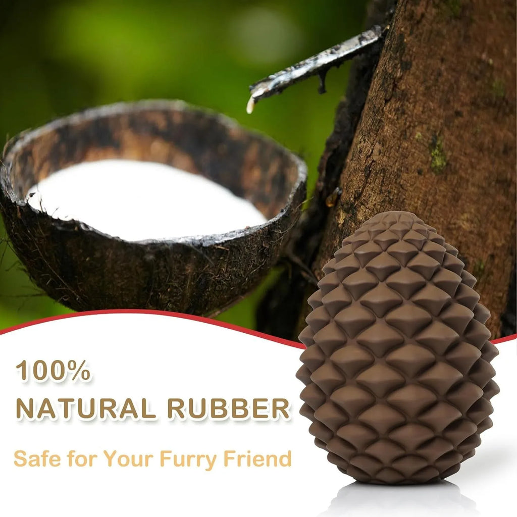 Yellow pine cone shaped natural rubber dog toy with treat dispenser for medium large aggressive chewers