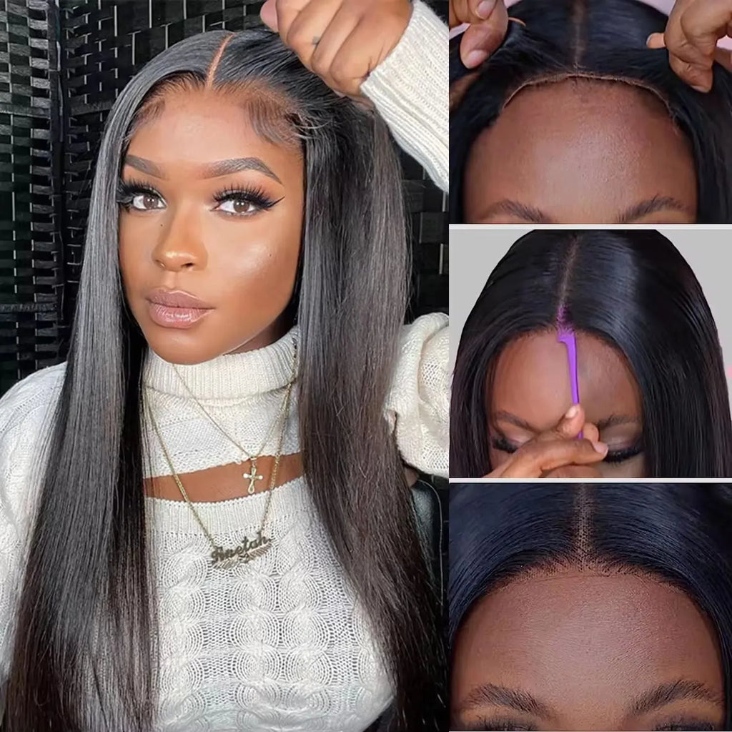 A lady wearing a long, straight, dark brown human hair glueless wig with side bangs.