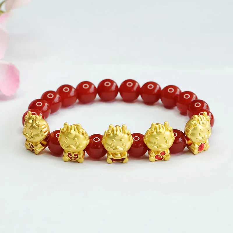 Red agate bracelet with Five Blessing Dragon design in Chinese style, 8mm beads