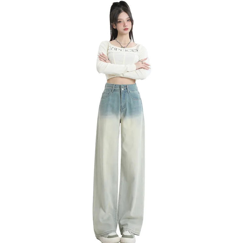 Women's gradient blue straight-leg denim trousers in cotton fabric