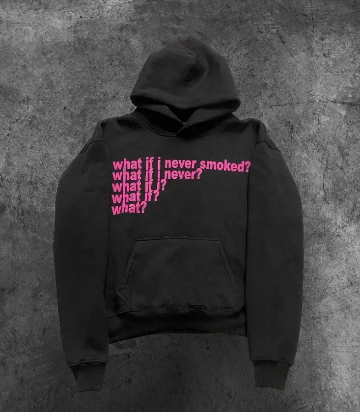 Black hooded sweater with white letter print design, regular sleeves and hooded collar