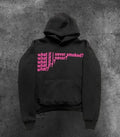 Black hooded sweater with white letter print design, regular sleeves and hooded collar