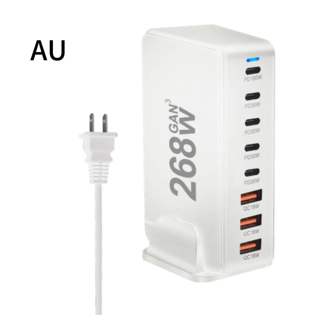 268W gallium nitride desktop charger with eight ports, white colour, Type-C and USB-A connections