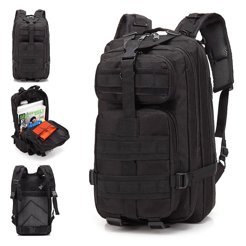 Large khaki hiking backpack with air pillow belt system shown for off-road use.