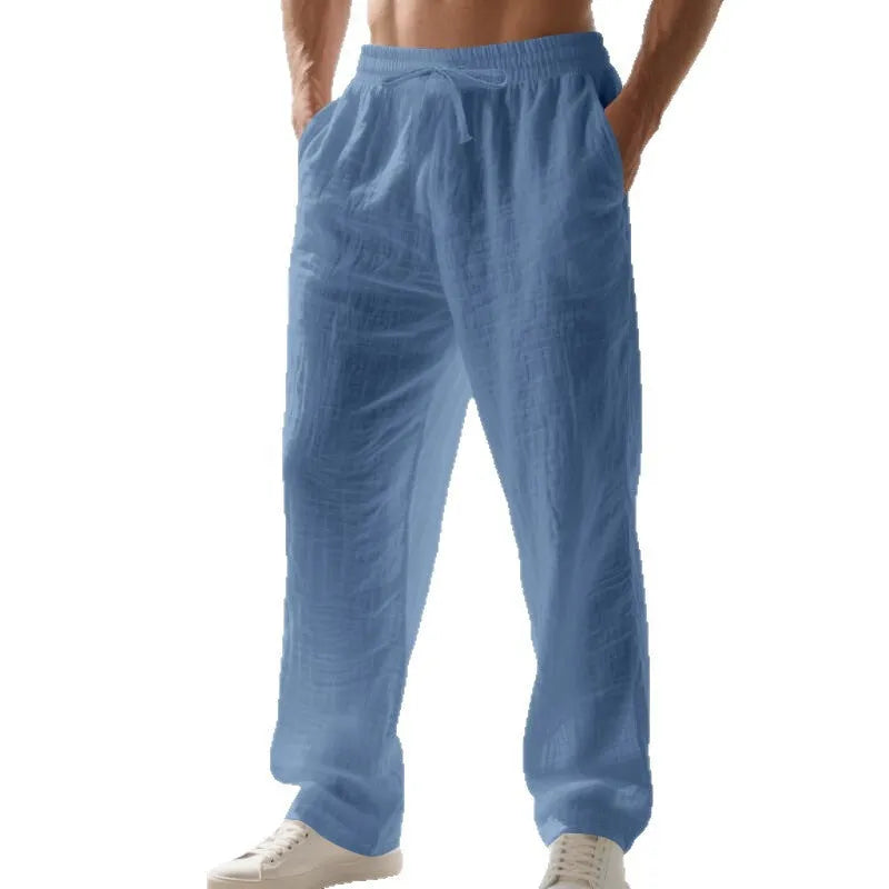 Men's linen solid colour loose fit wide leg drawstring beach trousers, straight cut, summer casual wear