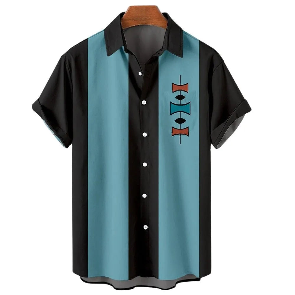Man wearing a blue and white striped Hawaiian style short sleeve button-down shirt.