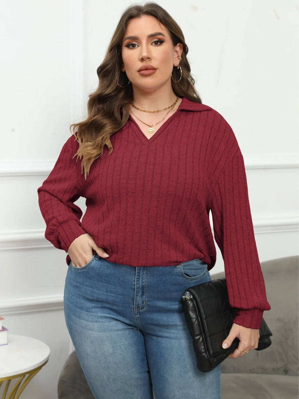 Women's plus size gray polo collar shirt with lantern sleeves in street fashion gothic style