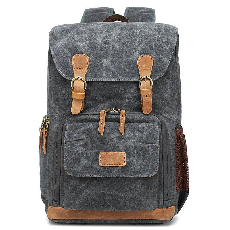 Canvas DSLR camera backpack in khaki colour showing backpack straps and main compartment