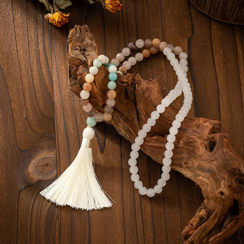 Vintage tassel bohemian style natural stone beaded long sweater chain with geometric round beads and matching bracelet