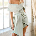 Women's off-shoulder high-waist dress in matcha green with lace-up back and patchwork skirt design