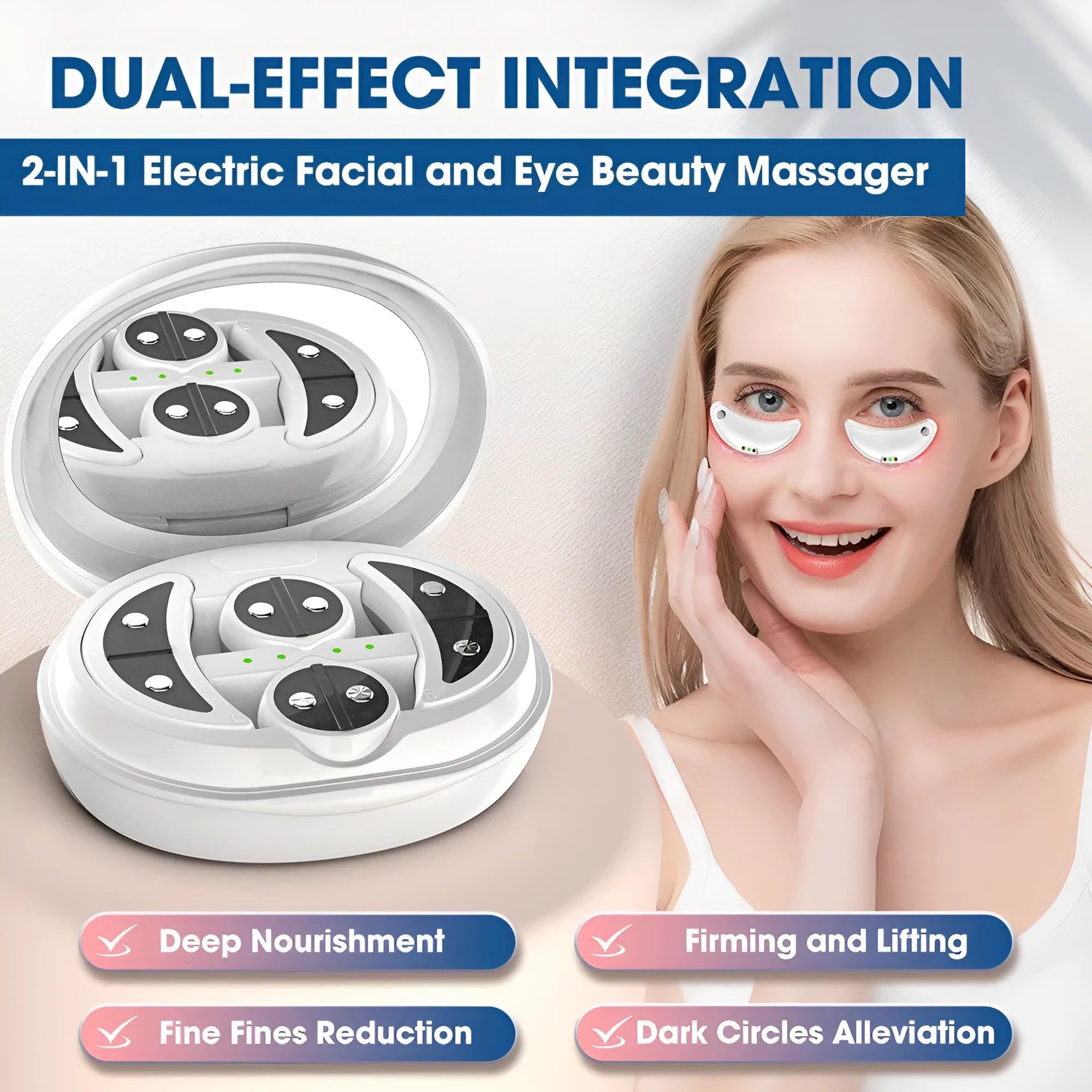 White wireless red light eye and face massager with EMS function and two-in-one design