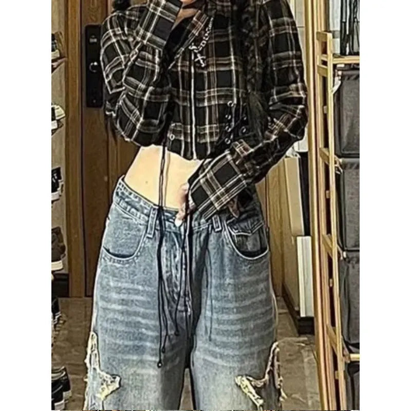 Blue high-waist wide-leg women's jeans with straight-leg design in cotton denim fabric