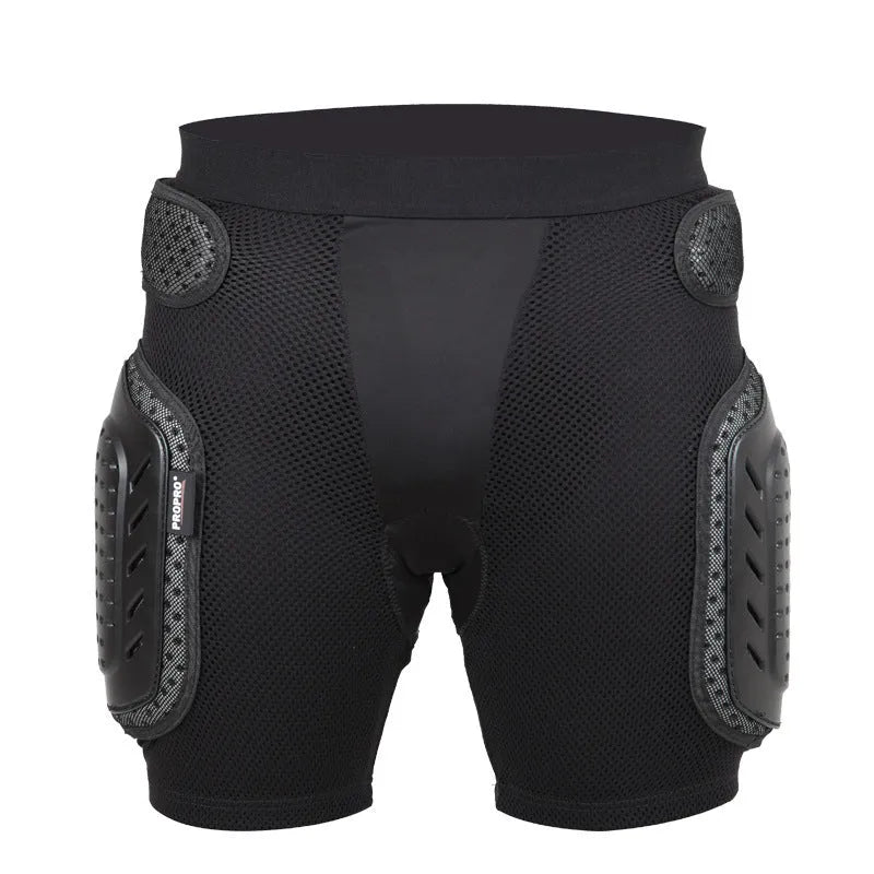 Black cycling hip protection pants with integrated hip pads shown in adult sizes