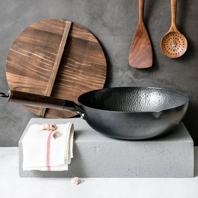 Traditional black iron wok with wooden handle, 40cm diameter, shown with glass lid option