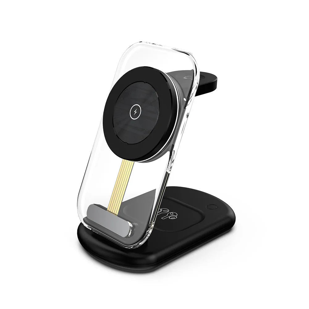 Transparent folding magnetic three-in-one wireless charger in black and white colours
